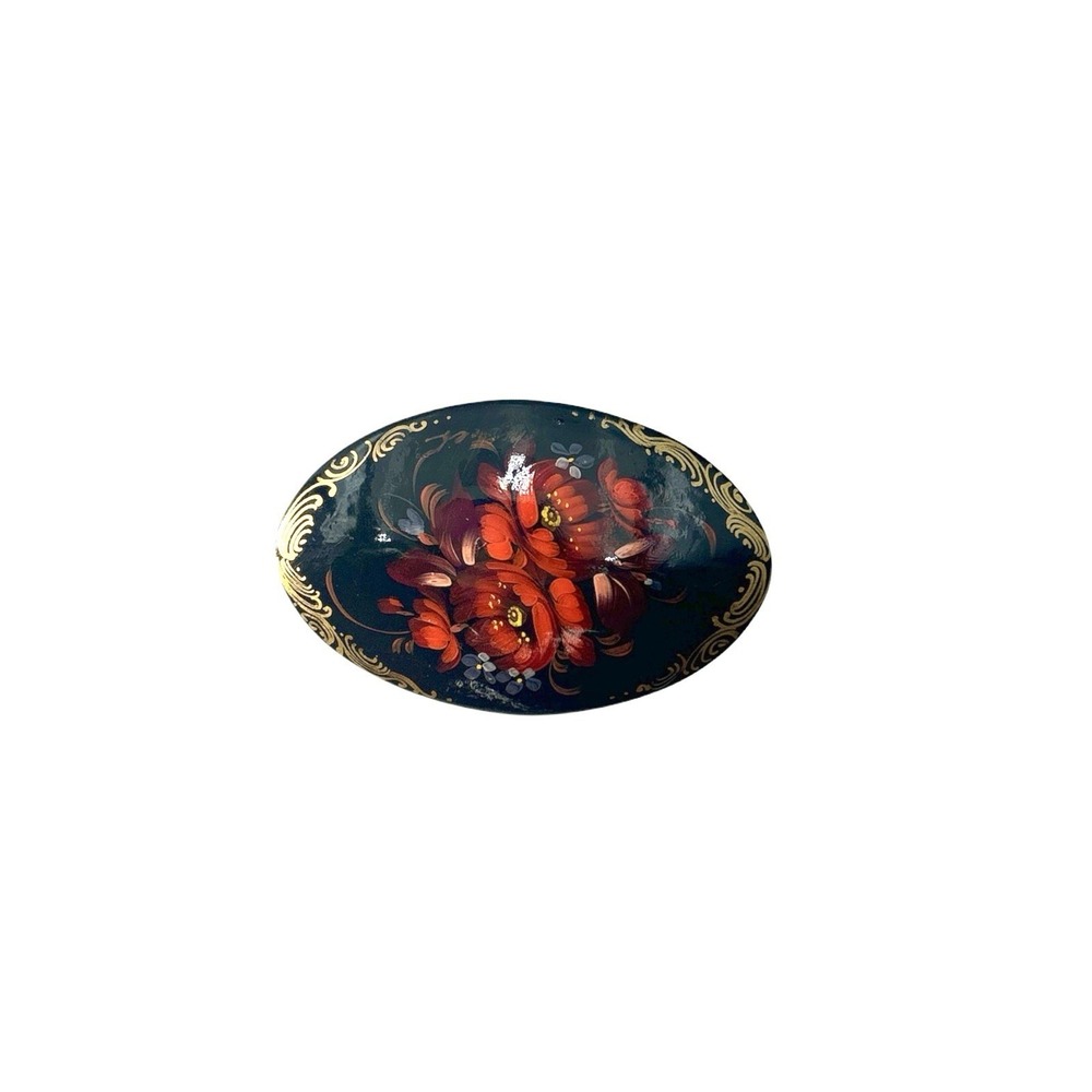 Vintage Russian Enamel Lacquer Black Hand Painted Red Flower Floral Brooch Pin